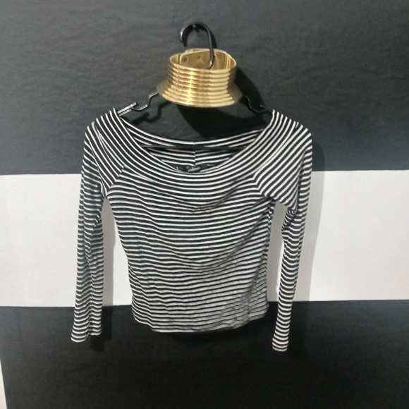 Ambiance Women black & white striped off shoulder long sleeve top - Picture 2 of 6
